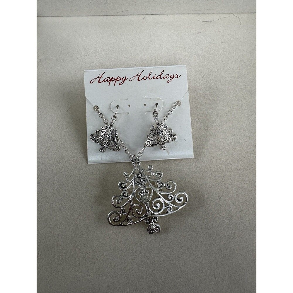 Jewelry Set Silver Tone Christmas Tree Earrings And Pin Or Pendant